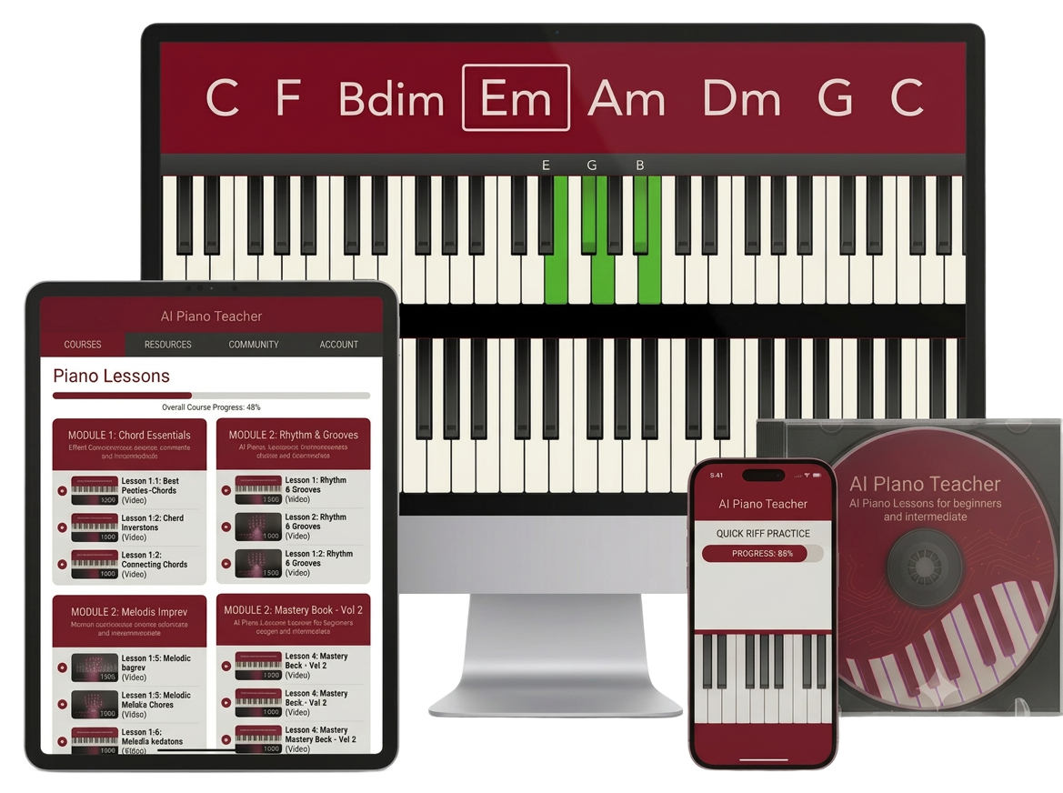 AI Piano Teacher digital course shown on desktop, tablet, and mobile with piano lessons and chord training